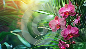 Nature beauty in tropical rainforest vibrant foliage, blossoming orchids