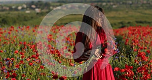 Nature beauty woman in a red dress in the middle of the field of poppies. Her perfect brunette long hair beautifully