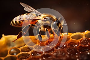 nature bee background macro insect pollen gold wax yellow honey closeup. Generative AI.