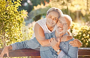Nature, bench and portrait of a senior couple relaxing in an outdoor green garden together. Happy, smile and elderly man