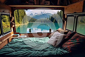 nature with this breathtaking view from the back of a van equipped with a cozy sleeping bed.