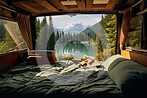 nature with this breathtaking view from the back of a van equipped with a cozy sleeping bed.