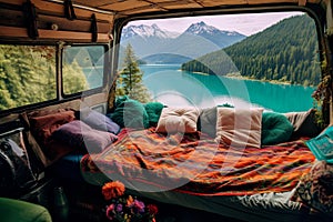 nature with this breathtaking view from the back of a van equipped with a cozy sleeping bed.