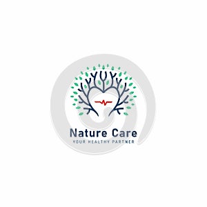 Nature care health herbal logo for clininc care with plant tree in heart shape with pulse icon logo illustration