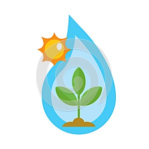 Nature care logo with plant, sun and water drop icon vector illustration on white background