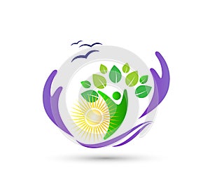 Nature care save agriculture healthy people care leaf logo design. Athletic, balance. environment wellness logo.