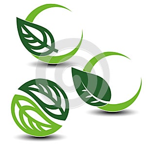 Nature circular symbols with leaf, natural simple elements, green eco labels with shadow - set 2