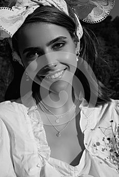 Nature close up portrait of young sensual woman outdoor. American woman portrait outdoors. Beautiful natural woman in