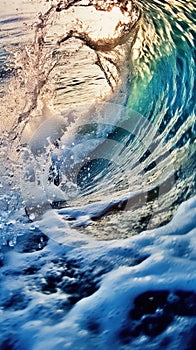 Nature concept. Ocean wave falling down at sunset time. Blue and orange water splash in sea. Power and beauty of nature