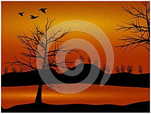 Nature countryside view with trees and ducks silhouette