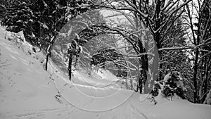 Nature covered in the snow during cold Winter in the country on the hills.