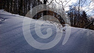 Nature covered in the snow during cold Winter in the country on the hills.