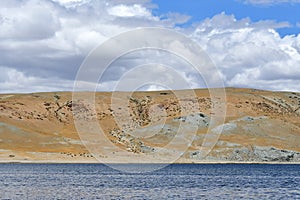 Nature-created image of Buddha`s eyes on the mountain on the shore of the sacred lake Manasarovar