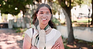 Nature, crossed arms and face of business woman with positive, happy and confident attitude. Smile, pride and portrait