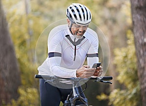 Nature cycling, phone and happy man, sports athlete or bike rider check digital map, GPS location or direction. Woods