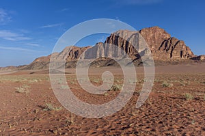 Nature, desert and rocks of Wadi Rum (Valley of the Moon), Jordan. UNESCO World Heritage