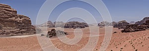 Nature, desert and rocks of Wadi Rum (Valley of the Moon), Jordan. UNESCO World Heritage. Panorama