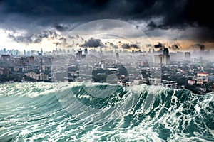 Nature disaster city destroyed by Tsunami waves