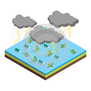 Nature Disaster Concept 3d Isometric View. Vector