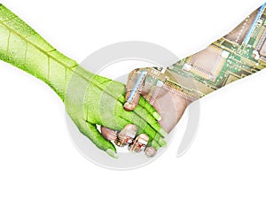 Nature and electronics holding hands in sky background