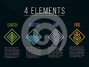 Nature 4 elements diamond square logo sign. Water, Fire, Earth, Air. on dark background.