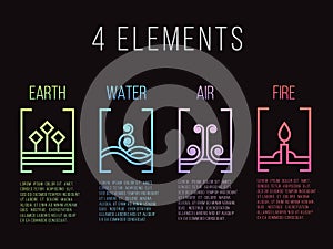 Nature 4 elements line border abstract gradient icon sign. Water, Fire, Earth, Air. on dark background.