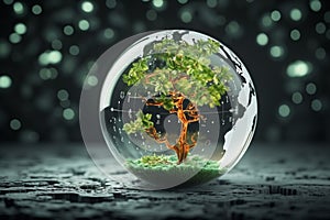 Nature embraces globe Tree on crystal, tech convergence network backdrop highlights green innovation