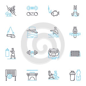 Nature excursions linear icons set. Hiking, Wildlife, Camping, Waterfalls, Forest, Mountains, Seaside line vector and