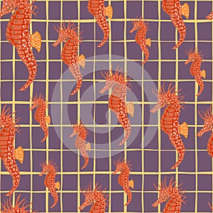 Nature exotic animal seamless doodle pattern with random orange seahorse ornament. Purple chequered background