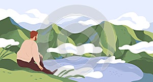 Nature exploration and contemplation flat vector illustration. Man enjoying scenic mountain landscape. Searching new photo