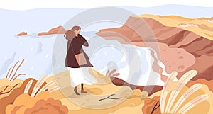 Nature exploration flat vector illustration. Dreamy woman enjoying scenic landscape. New horizons discovery concept