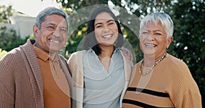 Nature, face and woman with her senior parents in a garden for family bonding together. Smile, care and portrait of