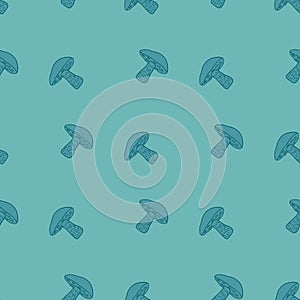 Nature fall seamless pattern in blue pastel tones with simple Leccinum scabrum mushroom ornament