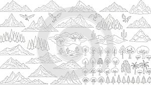 Nature and Fantasy Landscape Elements Outline Vector Set