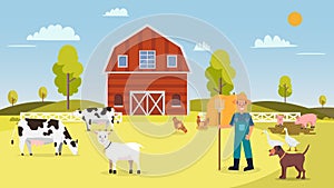 Nature farm with animal in summer.Farm with cows ,hen, goose, duck, pig, dog, goat, barn , farmer and hays.