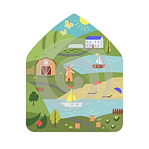 Nature Farm and Garden vector concept. Water and Grass. Agriculture and nature. Ships on the water, green grass and trees. New eco