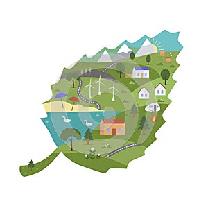 Nature Farm and Garden vector concept. Water and Grass. Agriculture and nature. Ships on the water, green grass and trees. New eco