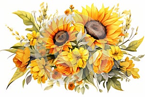 Nature floral background sunflower bouquet watercolor background summer flower yellow vintage illustration