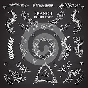 Nature floral vector doodle elements, vintage wedding branch wreaths on blackboard