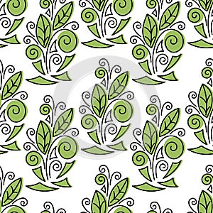 Nature flower seamless pattern. Hand drawn leaves, curls, and Doodle elements. Graphic vector illustration