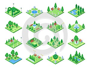 Nature forest elements, plants symbol and green trees for city 3d isometric game map. Isolated park tree vector icons set