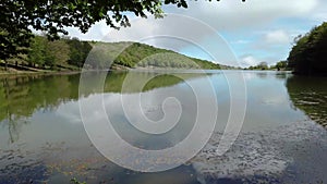 Nature, forest lake landscape with sky and clouds