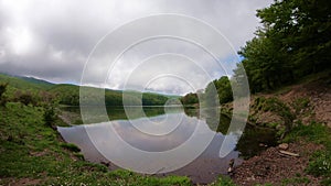 Nature, forest lake landscape with sky and clouds, time-lapse.4k