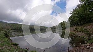 Nature, forest lake landscape with sky and clouds, time-lapse.4k