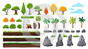 Nature forest landscape elements, stone rocks and tree, bushes and wood. Summer autumn spring garden natural graphic