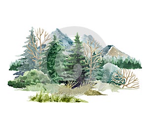 Nature forest lawn scene. Watercolor illustration. Hand drawn mountains, trees, bush, glade with grass. Wild landscape