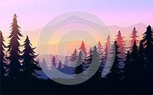 Nature forest Natural Pine forest mountains horizon Landscape wallpaper Sunrise and sunset Illustration vector style Background