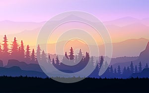 Nature forest Natural Pine forest mountains horizon Landscape wallpaper Sunrise and sunset Illustration vector style Background