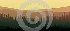Nature forest Natural Pine forest mountains horizon. Landscape wallpaper. Sunrise and sunset. Illustration vector style colorful.
