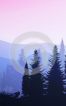 Nature forest Natural Pine forest mountains horizon Landscape wallpaper Sunrise and sunset Illustration vector style colorful view